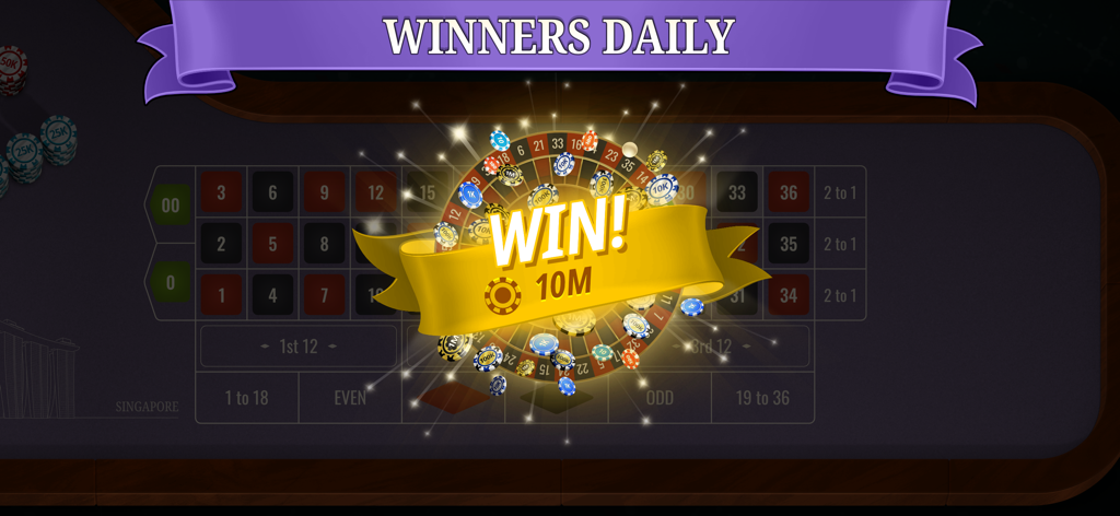 Roulette - Wheel of Fortune - Anuncio de una gran victoria en un simulador profesional de mesa de ruleta con pancartas doradas