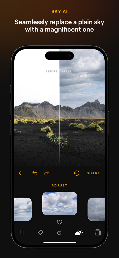 Luminar Mobile AI Photo Editor - Comparación de antes y después del reemplazo de Sky AI en la aplicación Luminar Mobile en un paisaje montañoso