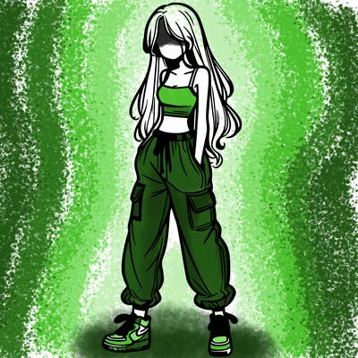 girl in baggy pants crop top and long hair