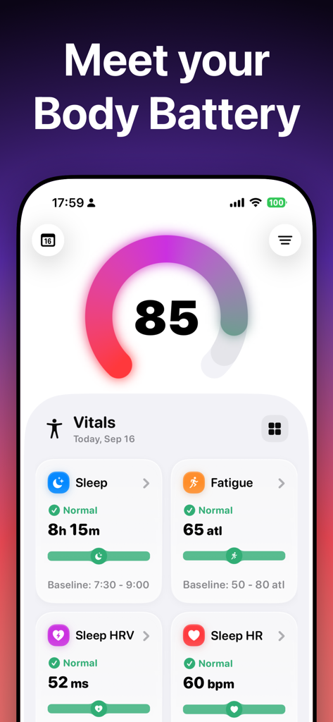 BodyState: Vitals Tracker - BodyState app interface showing a body battery energy score of 85 with sleep and fatigue metrics