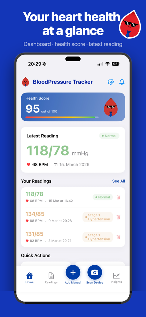 BP Tracker - Blood Pressure - Dashboard of BP Tracker app displaying a heart health score and a normal blood pressure reading