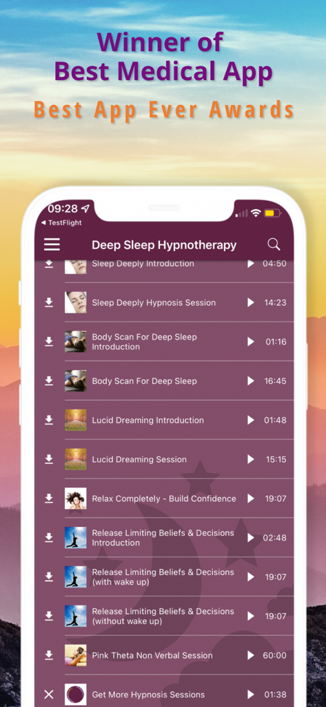 Deep Sleep Hypnotherapy - Interfaz de la aplicación Hipnoterapia para Dormir Profundamente mostrando una lista de sesiones de sueño guiadas y reconocimiento de premio a la aplicación médica.