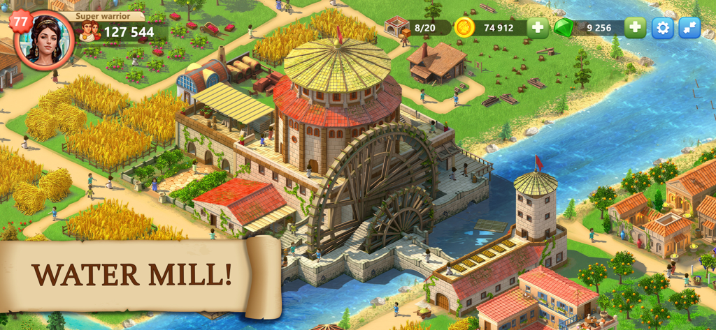 エンパイア・シティ：文明の夜明けのゲームプレイにおける古代の水車と小麦畑