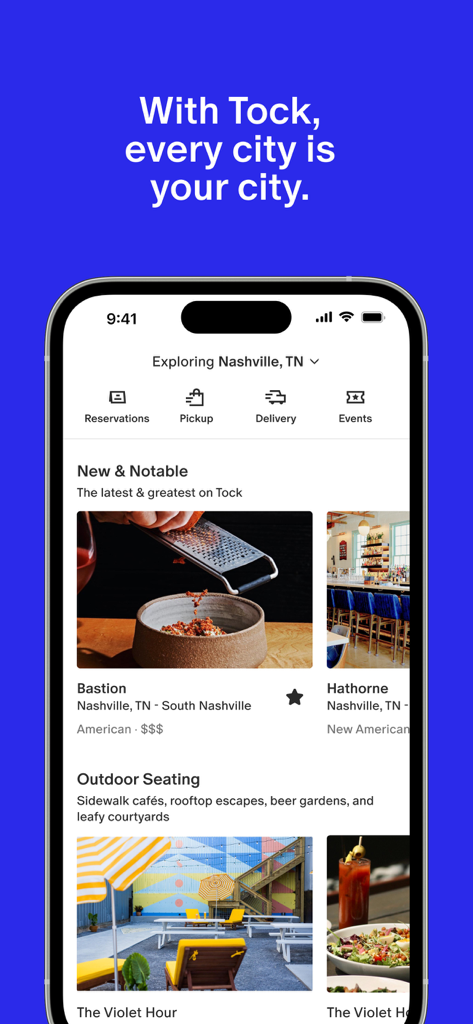 Écran de l'application Tock montrant des recommandations de restaurants et des options de réservation pour Nashville.
