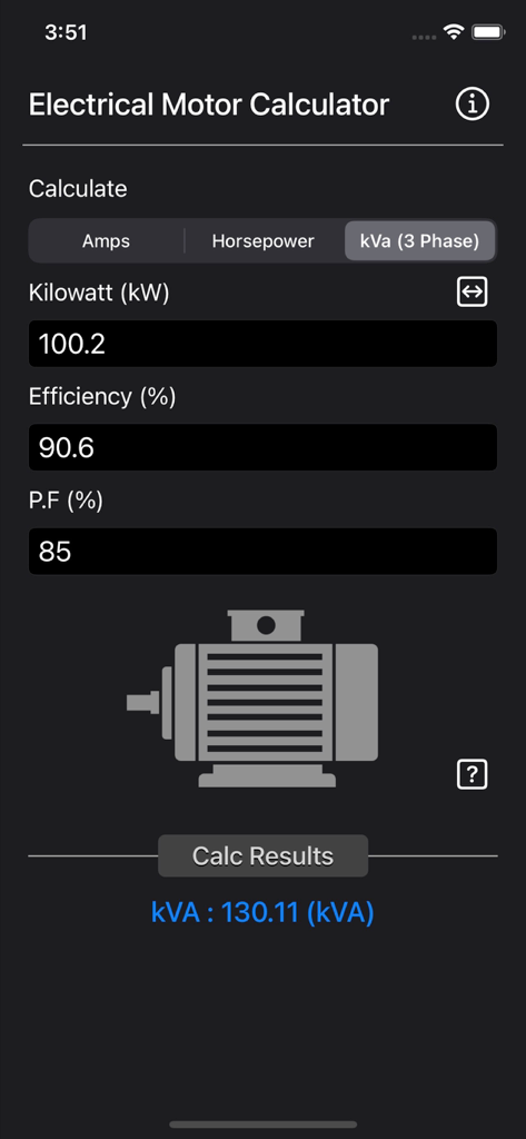 Electrical Motor Calculator - Screenshot of the Electrical Motor Calculator app showing a three phase kVA calculation based on kilowatt efficiency and power factor inputs