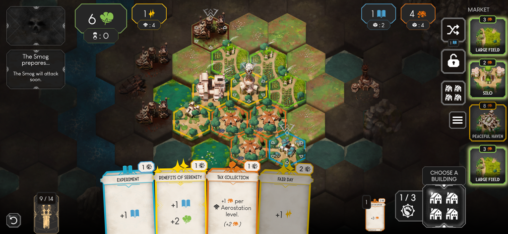 Dawnmaker - Dawnmaker gameplay showing hexagonal tiles city construction and strategy cards interface