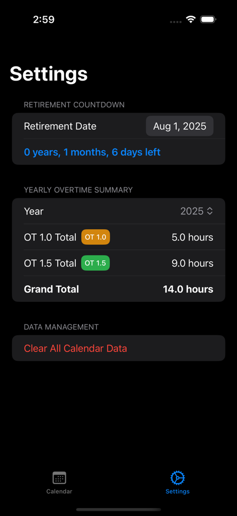 BeatKeeper Pro - BeatKeeper Pro app settings screen showing a retirement countdown and yearly overtime totals for law enforcement officers