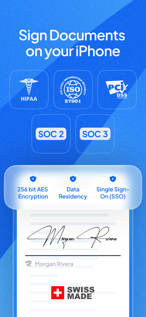 Sign.Plus - Sign PDF Documents - Funciones de seguridad de la aplicación Sign.Plus que muestran las certificaciones de cumplimiento HIPAA ISO 27001 y SOC 2 para la firma de documentos en iPhone