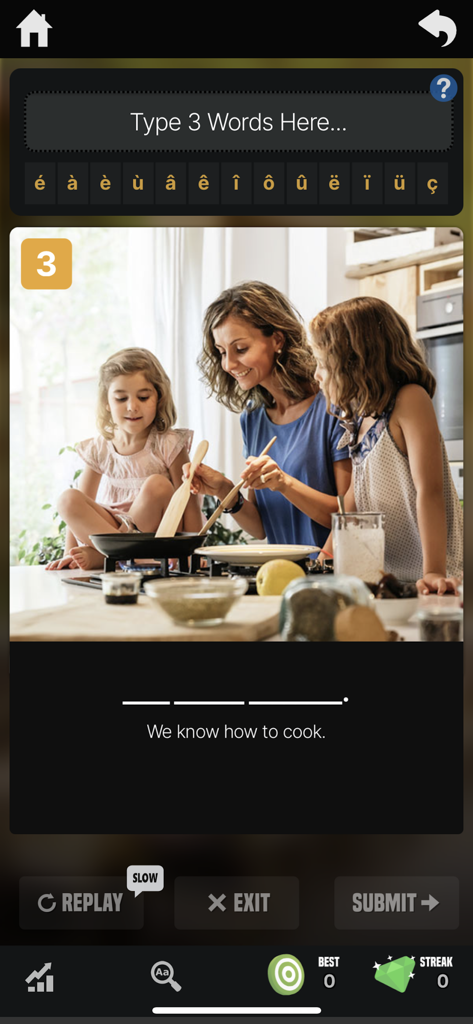 OUINO French (members only) - OUINO French app interface showing a sentence building exercise with a photo of a family cooking.