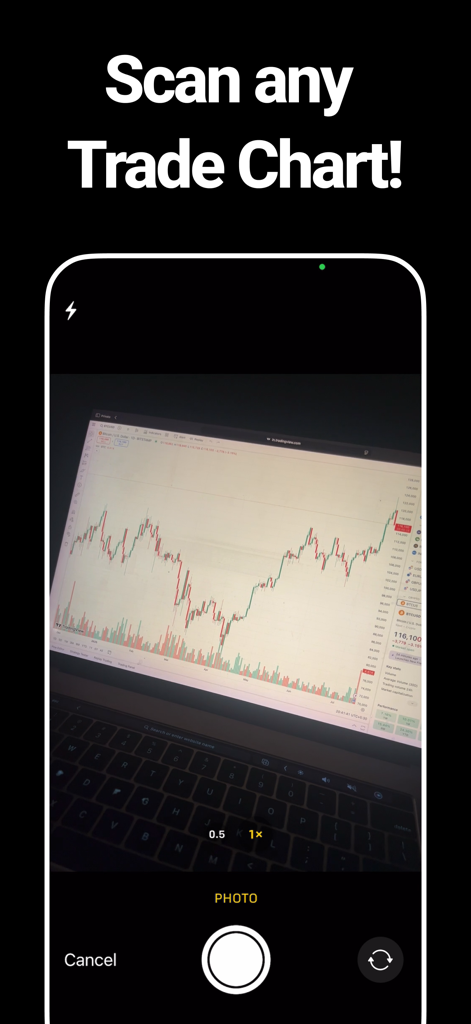Trade AI * Chart aı Analysis - AI分析のためにラップトップ画面上の取引チャートをスキャンするスマートフォンのカメラインターフェース。
