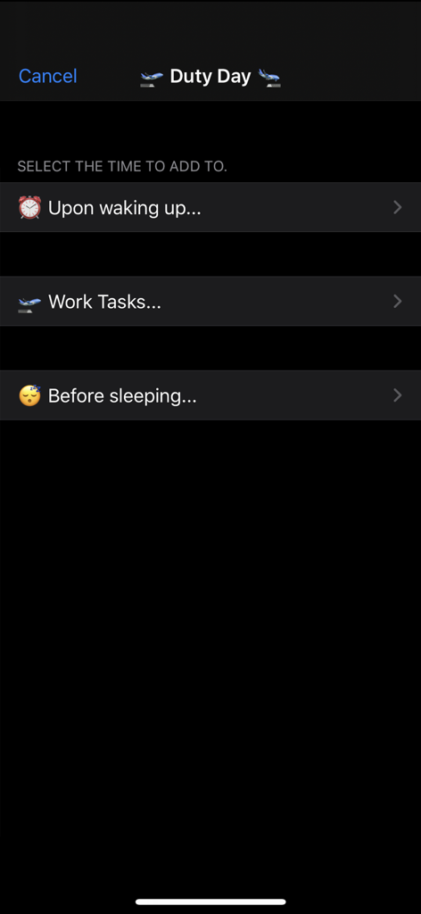NASA PVT+ - Interface of the NASA PVT plus app showing duty day selection options for aviation fatigue monitoring