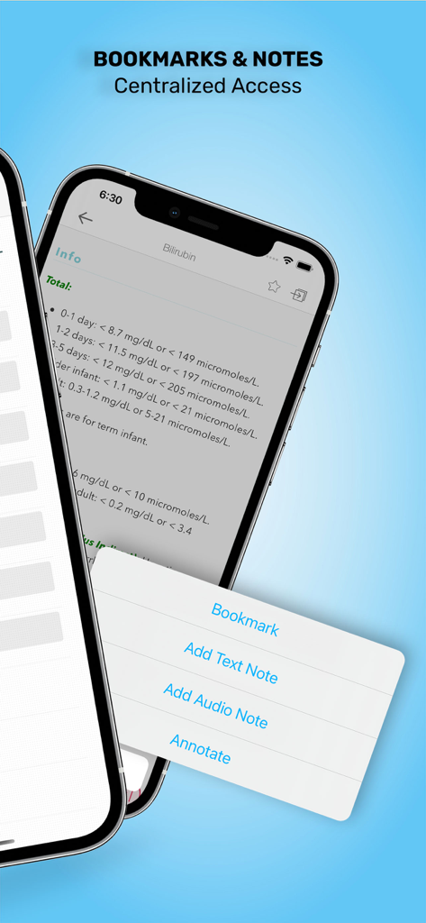 Pediatrics On Call app screen showing centralized access to bookmarks and note taking features for medical topics.