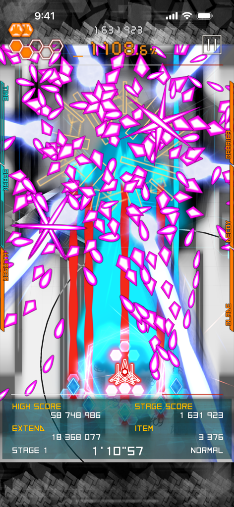 Bullet Hell Monday Black - Gameplay intense de Danmaku dans Bullet Hell Monday Black avec un écran rempli de balles roses en forme de diamant et de lasers néon.