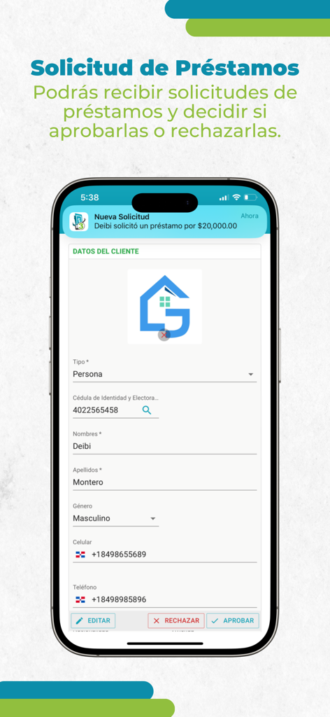 PrestamistApp 3.0 - Interface do PrestamistApp 3.0 mostrando um pedido de empréstimo com dados do cliente e opções para aprovar ou rejeitar