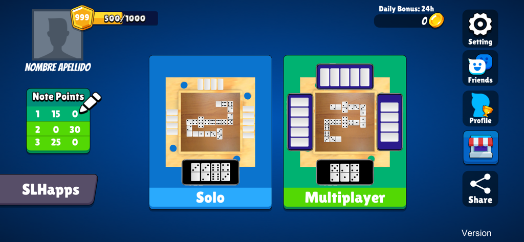 Dominoes Republic - Menú principal de la aplicación Dominoes Republic mostrando los modos de juego Solo y Multijugador