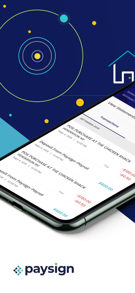 Smartphone screen showing Paysign app transaction history with payroll deposits and recent purchases
