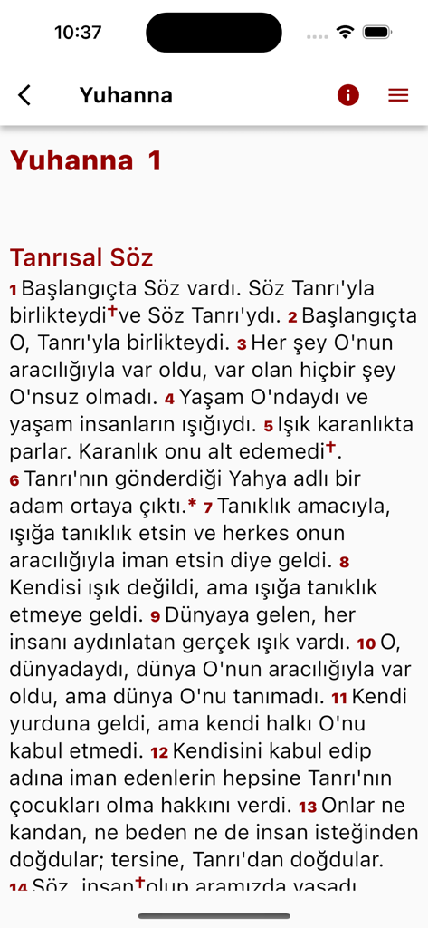 A screenshot of the Kutsalkitap app displaying the Gospel of John text in Turkish.