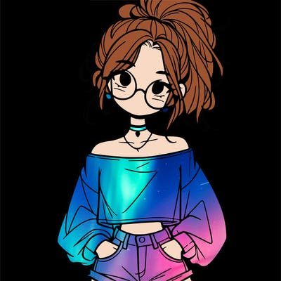 girl with a messy ponytail glasses a baggy crop top and jean shorts