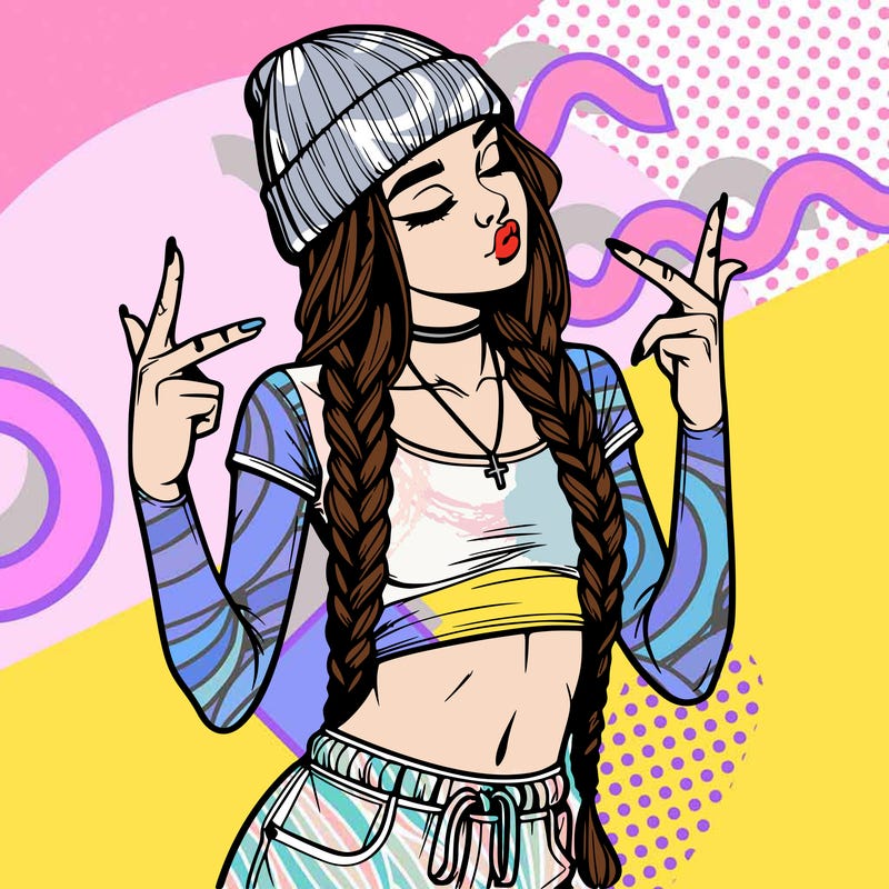 realistic teenage girl with braids and a beanie and crop top doing 🫶🏼