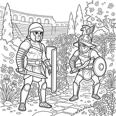 Unleash your creativity with this extraordinary coloring page featuring two brave Roman gladiators. Discover a unique scene where ancient warriors meet the fresh beauty of a blooming spring landscape, perfect for history and nature lovers alike.
