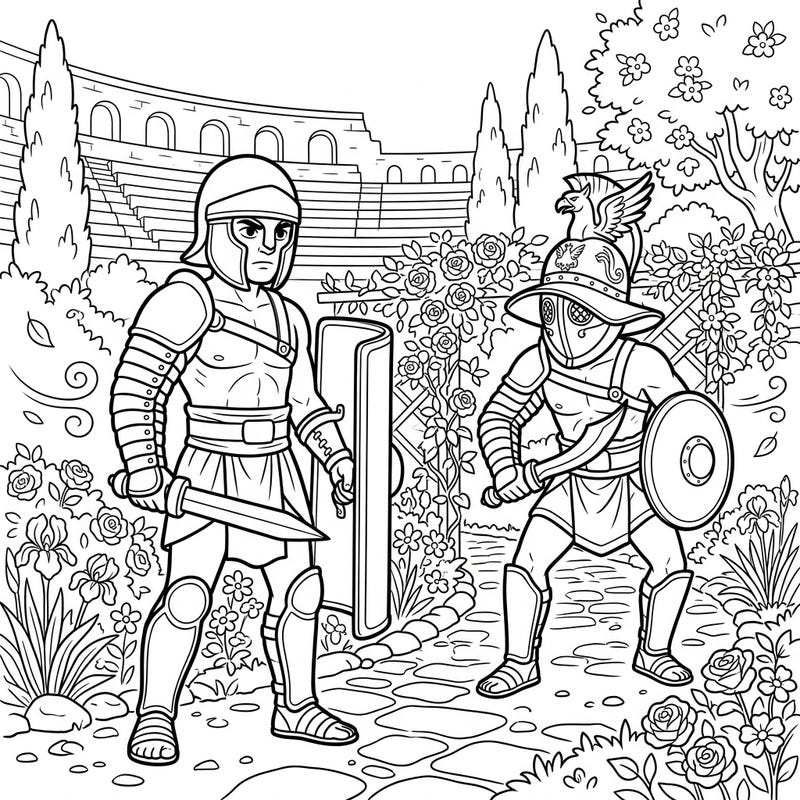 Unleash your creativity with this extraordinary coloring page featuring two brave Roman gladiators. Discover a unique scene where ancient warriors meet the fresh beauty of a blooming spring landscape, perfect for history and nature lovers alike.