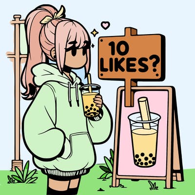 girl with oversized hoodie drinking boba and she has a high ponytail with a sign that says 10likes?