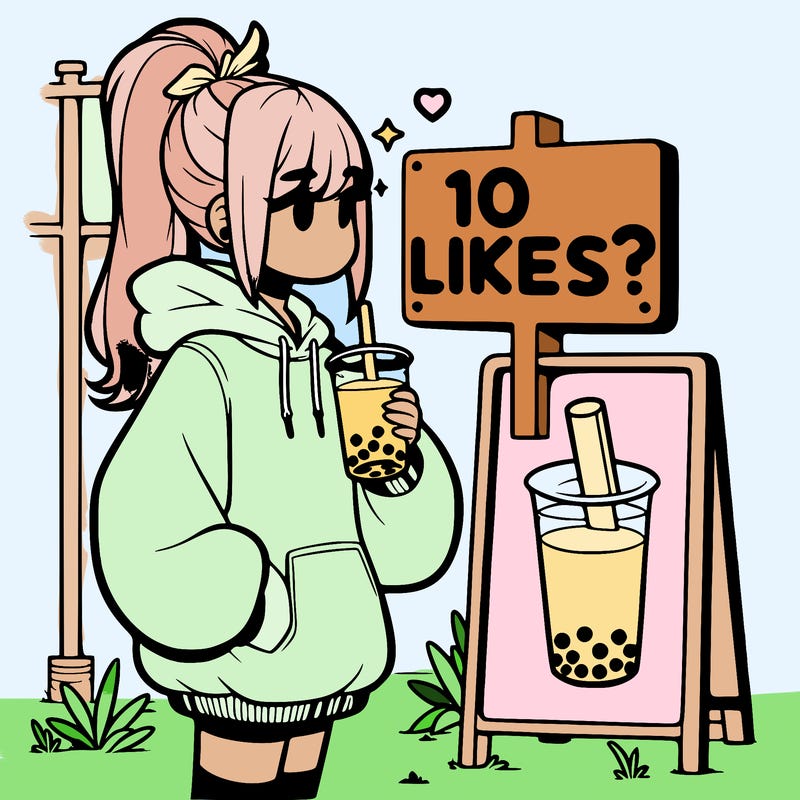 girl with oversized hoodie drinking boba and she has a high ponytail with a sign that says 10likes?