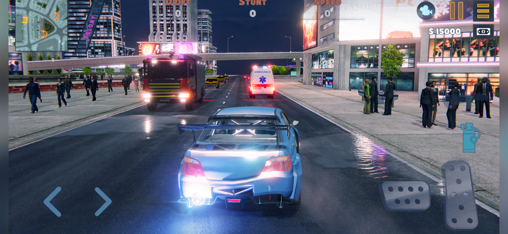 Blue car driving on a wet city street at night with a fire truck and ambulance ahead