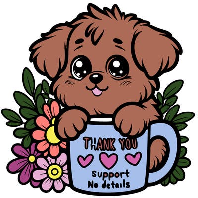 a really cute puppy holding a thank you for support mug with flowers everywhere