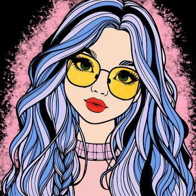 girl with long hair and freckles and glasses realistic