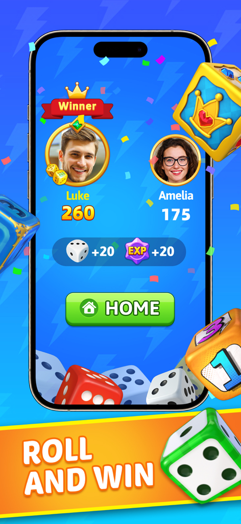 Yatzy Blitz: Classic Dice Game - A winner screen in the Yatzy Blitz dice game showing player scores and game rewards.