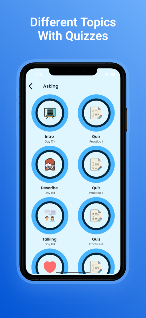 Screenshot of German learning app showing different lesson topics and quizzes