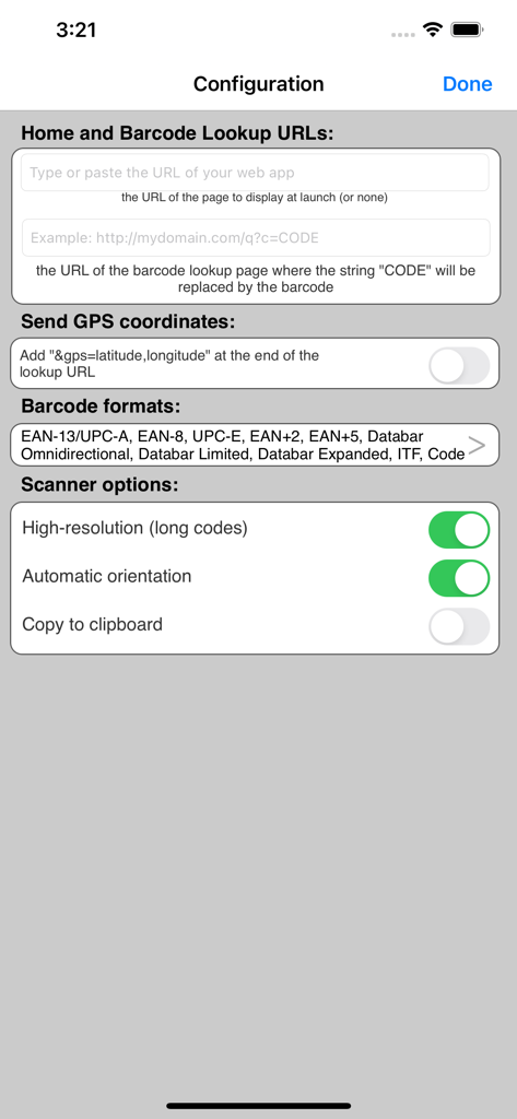 Configuration screen of pic2shop PRO showing custom URL settings and scanner options