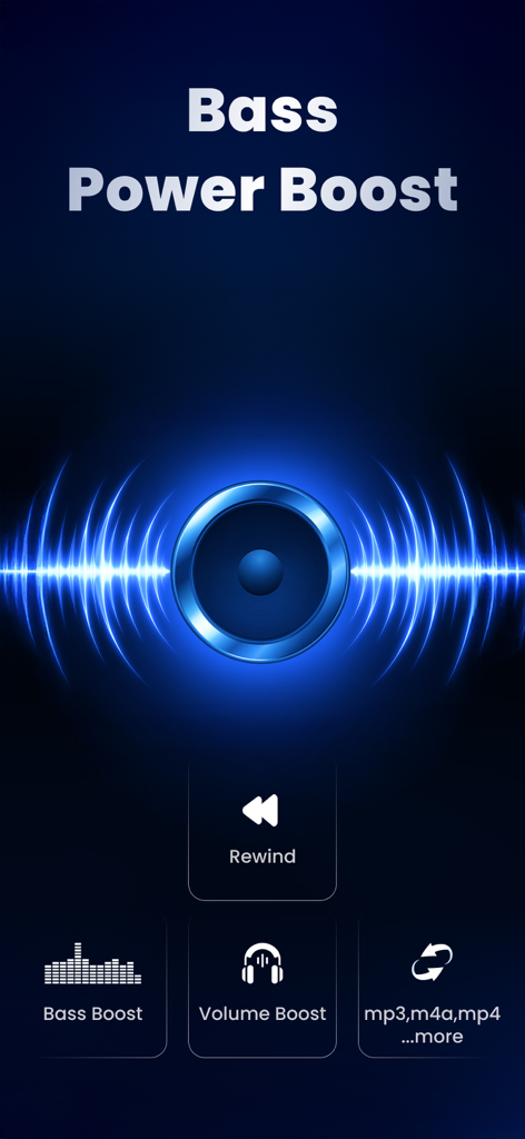 Volume Booster-High Louder Max - 스피커와 음파가 있는 베이스 파워 부스트를 특징으로 하는 볼륨 부스터 앱 인터페이스.