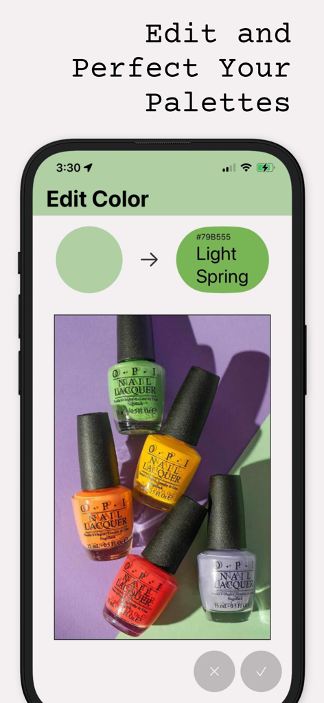 Hue IQ | Color Analysis - Light Spring（ライトスプリング）のような季節別カラーカテゴリーを写真から特定し、カラーパレットを編集するためのHue IQアプリのインターフェースを表示するスマートフォン。