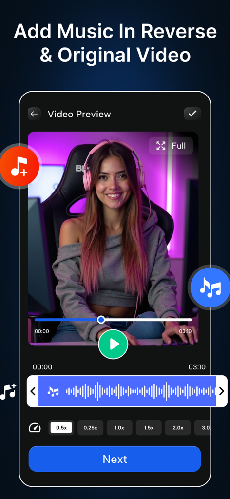 Reverse Magic Video Editor - オーディオトラック編集と音楽追加機能が表示された動画プレビューを表示するアプリ画面