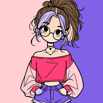 girl with a messy ponytail glasses a baggy crop top and jean shorts