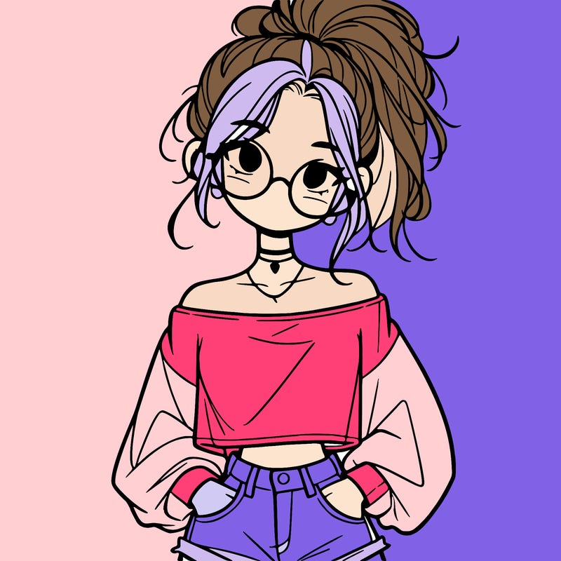 girl with a messy ponytail glasses a baggy crop top and jean shorts