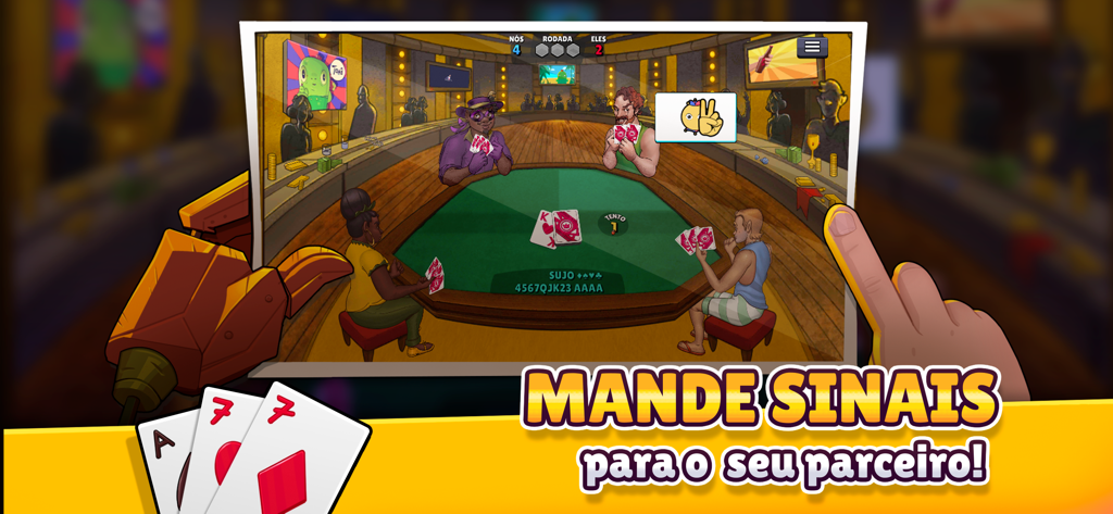 Gameplay of Truco Arena online card game featuring animated characters and partner signaling mechanics