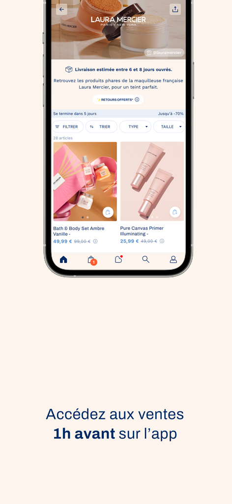 The Bradery - Private Sales - Laura Mercierのプレミアム美容セールへの早期アクセスを紹介するThe Braderyアプリのスクリーンショット。