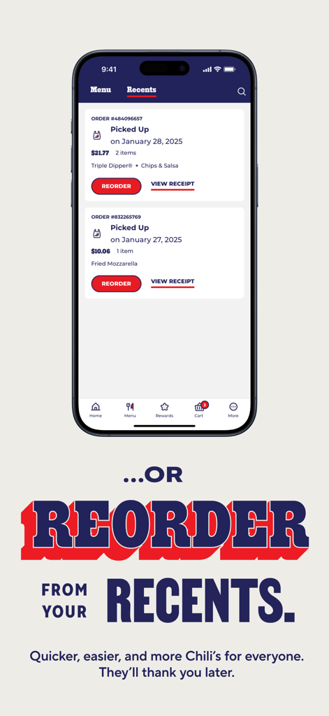 Chilis - Chilis mobile app interface showing a list of recent orders with a reorder button for quick meal selection