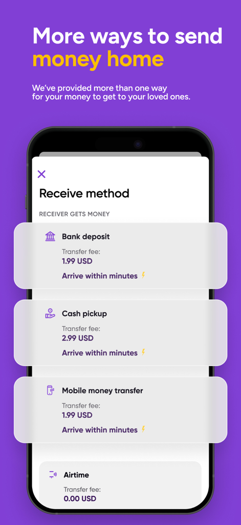 WorldRemit: Money Transfer App - WorldRemit App-Bildschirm mit mehreren Auszahlungsoptionen wie Bankeinzahlung und Bargeldabholung mit Überweisungsgebühren