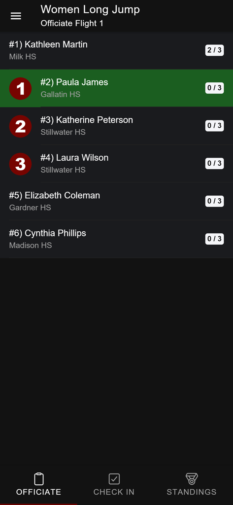 AthleticFIELD app officiating screen for a women's long jump event listing athletes and their attempt progress