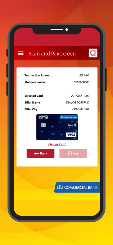 Scan and Pay screen of the ComBank Q Plus app showing bill payment details