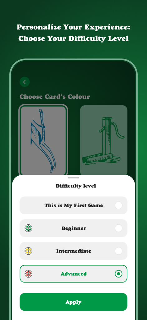 Dutch Blitz - Card Game - A difficulty level and card color selection screen for the Dutch Blitz mobile card game