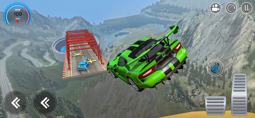 Mega Crashes - Car Crash Games - Green sports car performing a midair stunt jump over a mountain landscape in a car crash simulator