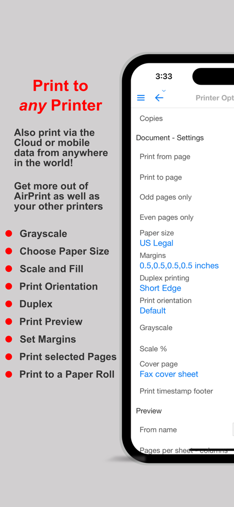 Tela móvel mostrando opções avançadas de impressora, incluindo tamanho do papel e configurações duplex