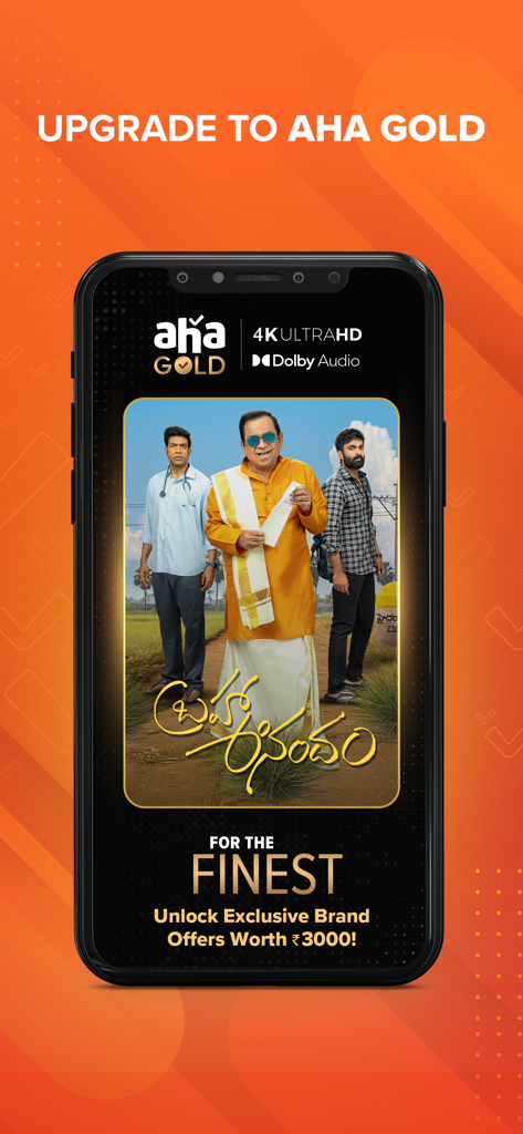 Aha Gold upgrade screen promoting 4K Ultra HD and Dolby Audio with exclusive brand offers.