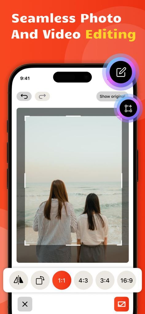 Écran de smartphone affichant des outils de recadrage de photos avec différentes options de rapport hauteur/largeur.