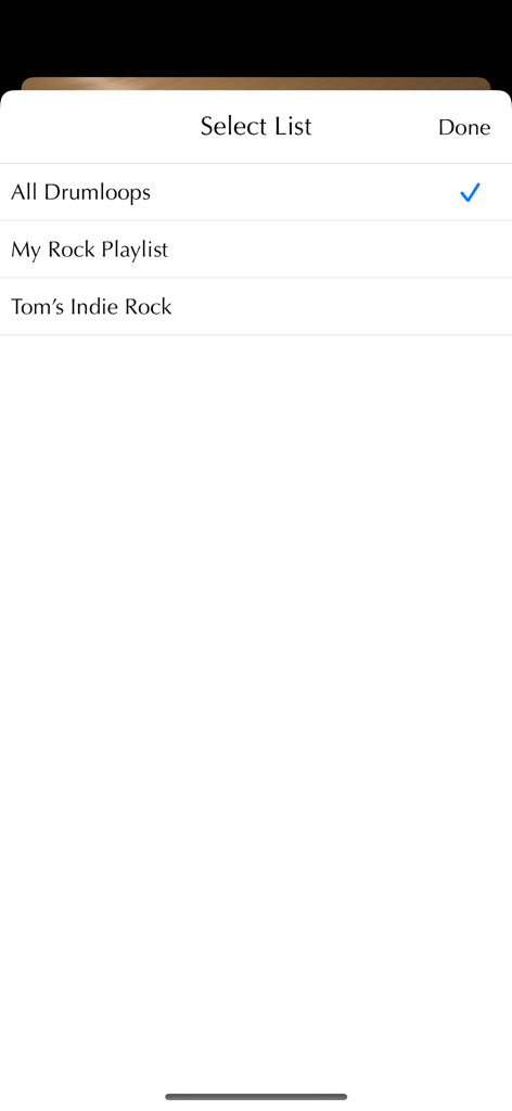 Drum loops app interface showing a menu to select music playlists like rock and indie